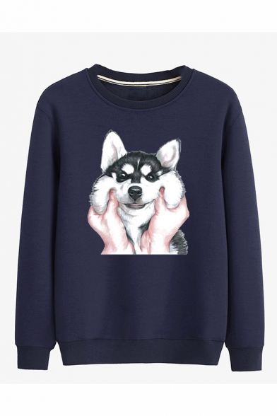 New Fashion Cute Husky Dog Printed Long Sleeve Round Neck Unisex Casual Pullover Sweatshirts