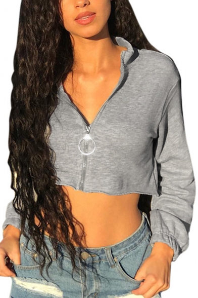 New Fashion Simple Basic Gray Plain Long Sleeve Zip Up Cropped Sweatshirt