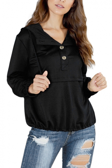 New Popular Plain Lapel Button Detail Long Sleeve Pullover Hoodie