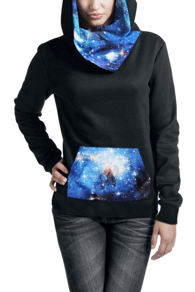 

New Popular Universe Star Pattern Black Long Sleeve Hoodie With Pocket, LM558674