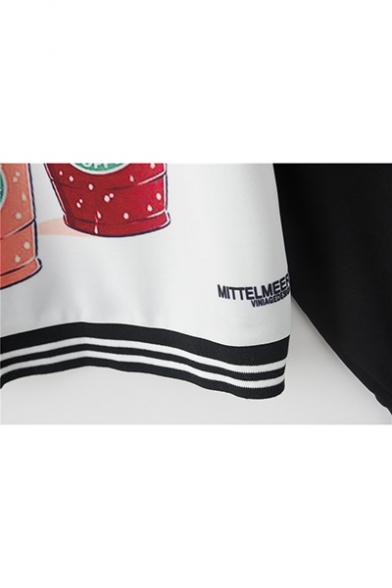 New Stylish Cartoon Coffee Cat Letter Print Zipper Front Long Sleeve Stand-Up Collar Black and White Baseball Jacket