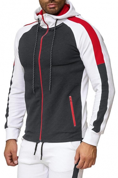 New Stylish Colorblock Patched Drawstring Hooded Long Sleeve Slim Fitted Casual Sports Zip Up Hoodie for Men