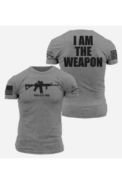 New Stylish Letter I AM THE WEAPON Gun Printed Short Sleeve Round Neck T-Shirt
