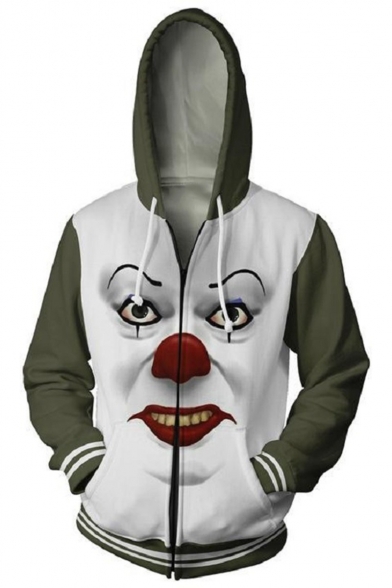 New Stylish Popular Clown 3D Printed Colorblock Long Sleeve Green and White Zip Up Hoodie