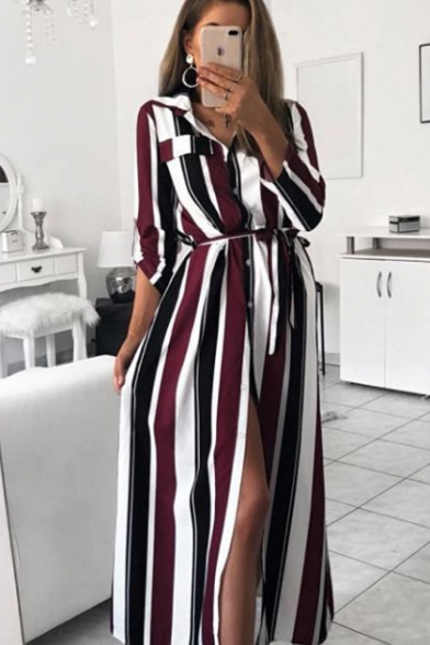 New Stylish Vertical Stripe Printed Long Sleeve Tied Waist Maxi Shirt Dress