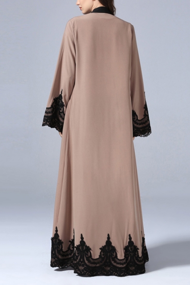 New Stylish Womens Long Sleeve Lace Panelled Bow-Tied Waist Floor Length Maxi Cardigan Dress