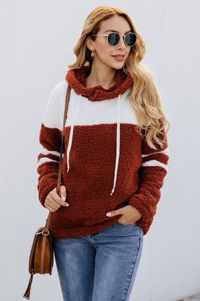 New Trendy Color Block Striped Long Sleeve Fluffy Teddy Hoodie