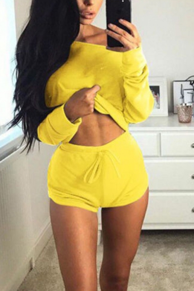 Off Shoulder Long Sleeve Cropped Tee With Drawstring Waist Shorts Loose Two Piece Set