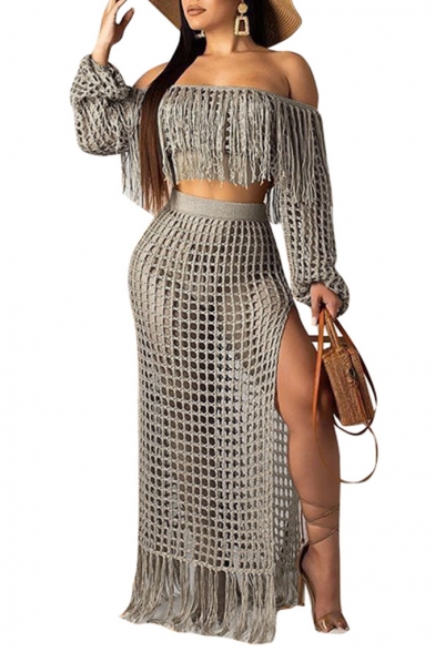 Off Shoulder Puff Sleeve Cropped Top with High Waist Slit Side Fringe Hem Sheer Cutout Casual Two-Piece Set for Girls