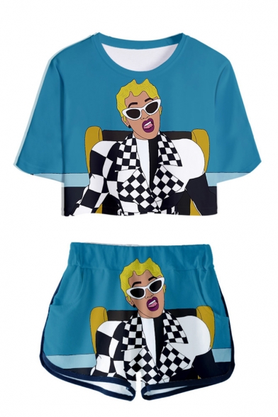 Popular Funny Cartoon Figure Print Short Sleeve Crop Tee with Dolphin Shorts Sport Two-Piece Set