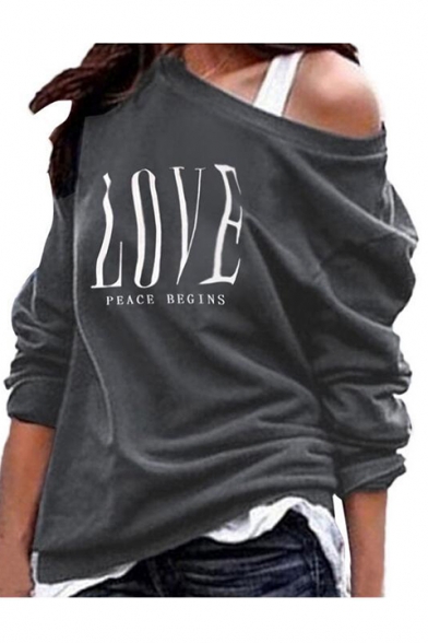 Popular Womens LOVE Letter Printed One Shoulder Long Sleeve Casual Sweatshirt