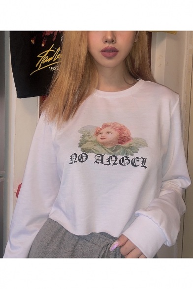 Stylish White Long Sleeve Round Neck Letter Cartoon Angel Baby Printed Pullover Cropped Sweatshirt