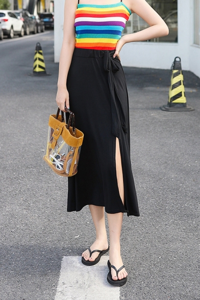 Summer Chic Fashion Plain High Waist Self-Tie Split Side Midi Modal Wrap Skirt