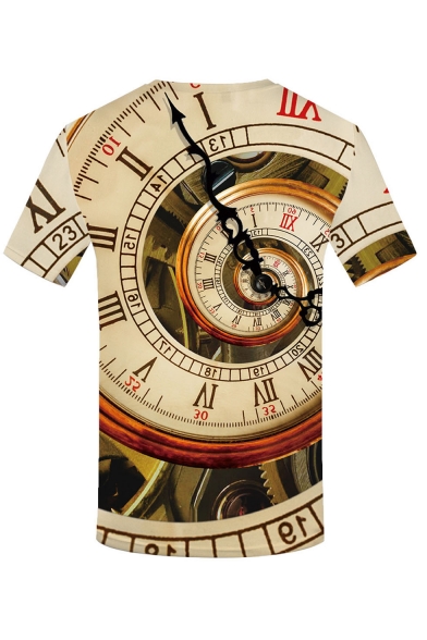 Summer Hot Fashion 3D Time Pattern Round Neck Short Sleeve khaki T-Shirt For Men
