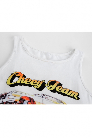 Summer Hot Popular Sleeveless Cheey Team Letter Car Printed White Stretch Cropped Tank Tee