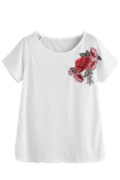 Summer Short Sleeve Round Neck Rose Embroidered T Shirt