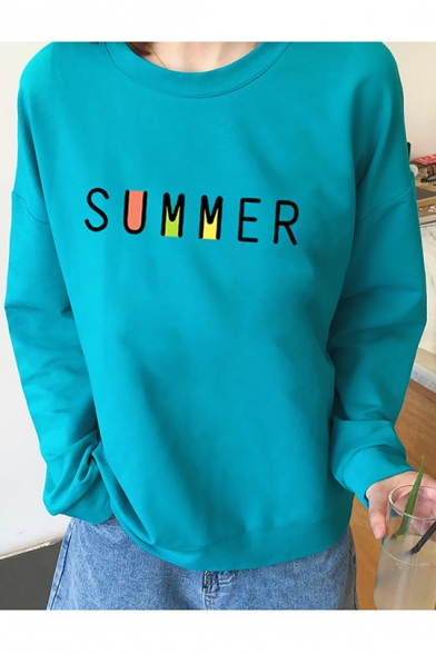 SUMMER Letter Print Long Sleeve Round Neck Pullover Sweatshirt