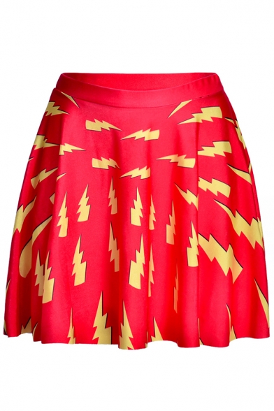 Summer Red Elastic Waist Lightning Printed Pleated Mini Skater Skirt