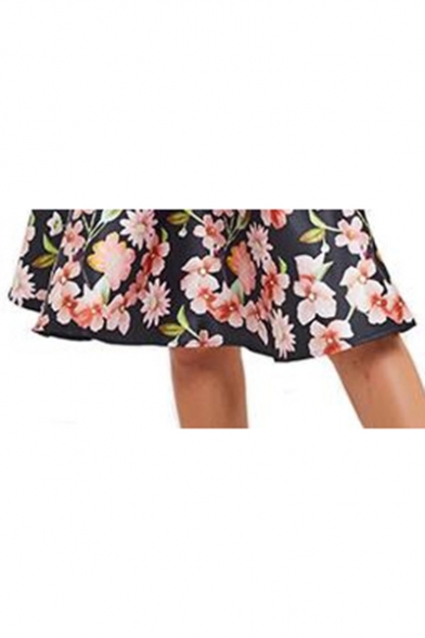 Summer Street Style Bow Waist Floral Printed Black Mini A-Line Flared Skirt