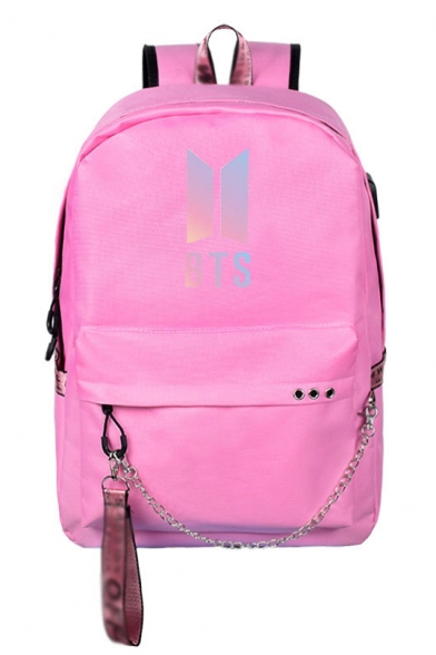 Trendy Kpop Boy Band Logo Printed Chain Embellished Unisex Students School Bag Backpack 30*13.5*42cm