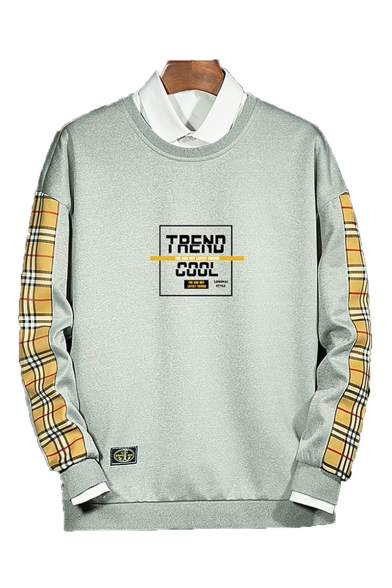 Trendy Letter Plaid Printed Round Neck Long Sleeve Casual Sports Pullover Sweatshirts