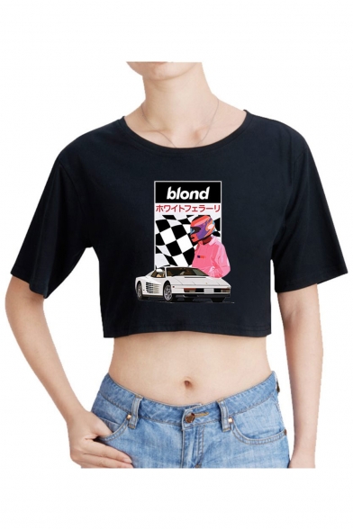 

Unique Letter BLOND Car Print Short Sleeve Round Neck Cotton Cropped Tee for Women, Black;pink;white;gray, LM557045