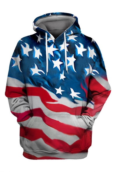 USA Letter Star Flag Printed Long Sleeve Loose Fit Drawstring Pullover Hoodie