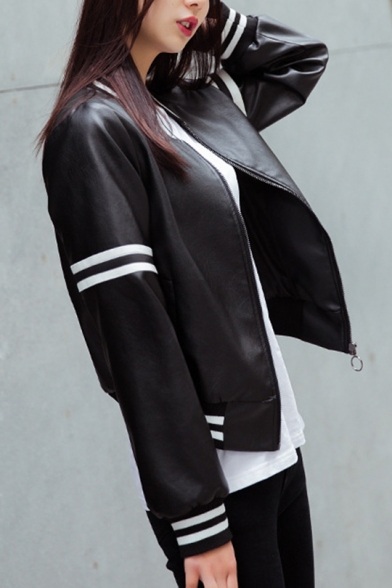 Women's Causal White Stripe Printed PU Leather Zip Up Mechanic Jacket
