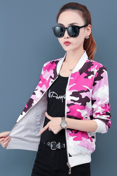 Women's Fall Fashion Stand Up Collar Camo print zipper Tailored Baseball Jacket