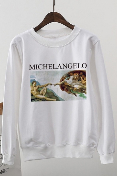 Women's MICHELANGELO Letter Statue Print Long Sleeve Round Neck White Sweatshirt