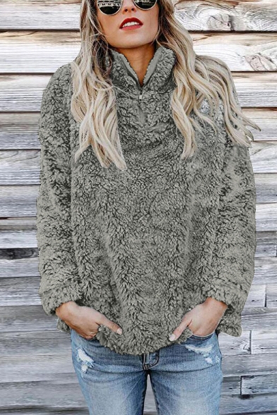 Women's Plain Half-Zip Stand Collar Long Sleeves Pullover Relaxed Fluffy Sweatshirt
