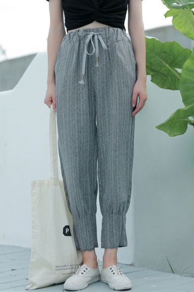 Womens Fancy Grey Drawstring Waist Gathered Cuff Carrot Tapered Pants Trousers