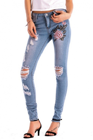 Womens Fashion Mid Waist Floral Embroidery Print Distressed Busted Knees Light Wash Skinny Jeans
