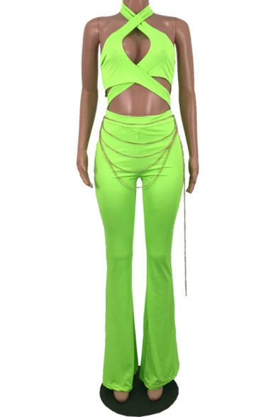 Womens Green Halter Neck Sleeveless Cutout Zip Embellished Sexy Jumpsuits