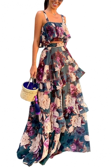 Womens Hot Fashion Square Neck Sleeveless Floral Print Tiered Ruffles A-Line Two Piece Dress