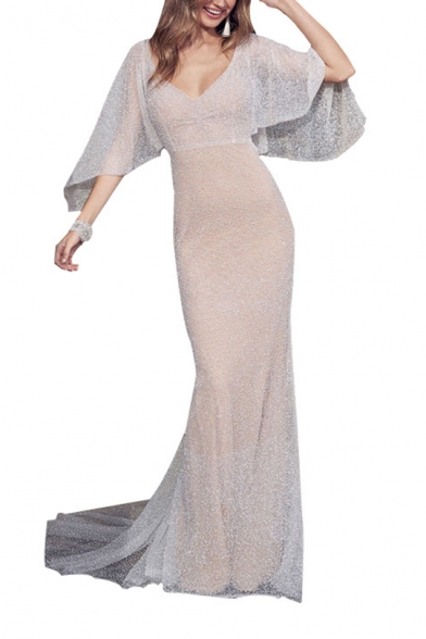 Womens Hot Fashion V-Neck Sleeveless Plain Lace Eneving Sheath Floor Length Maxi Dress