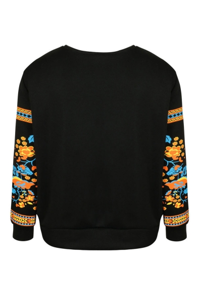 Womens Hot Trendy Black Long Sleeve Floral Embroidered Pullover Sweatshirt