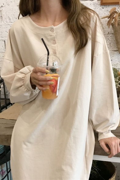 Womens New Trend Round Neck Long Sleeve Letter Print Slit Loose T-Shirt Shift Sweatshirt Maxi Dress