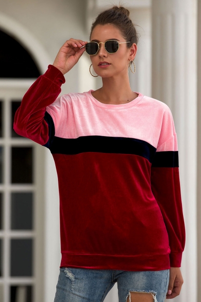 Womens New Trendy Color Block Basic Round Neck Long Sleeve Velvet Sweatshirt