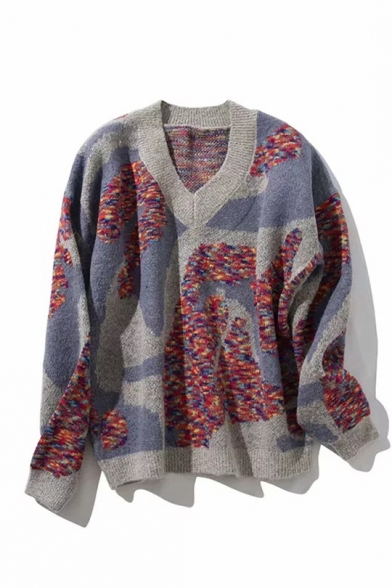 Womens Off-Duty Patchwork Print V-Neck Long Sleeve Chenille Knitted Sweater