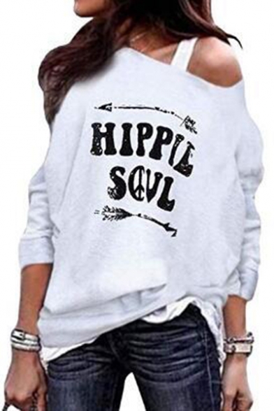 Womens Stylish HIPPIE SOUL Letter Printed Cold Shoulder Long Sleeve Pullover Sweatshirt