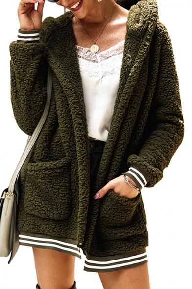 Womens Stylish Striped Hem Long Sleeve Hooded Shearling Fluffy Longline Coat