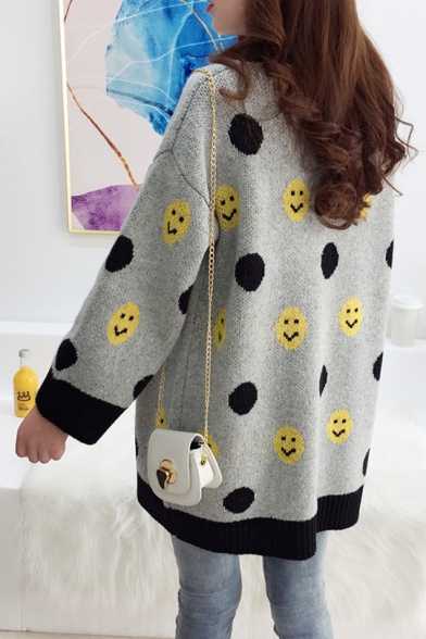 Womens Trendy Campus Style Smiling Face Print Drop Sleeve Midi Cardigan