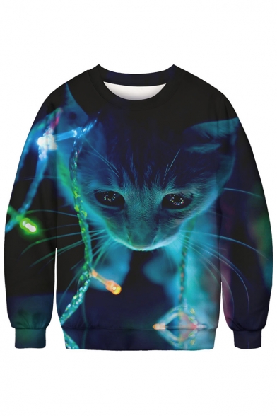 3D Christmas Cat Printed Basic Round Neck Long Sleeve Pullover Sweatshirt