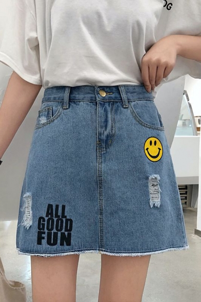 ALL GOOD FUN Letter Smile Face Printed High Waist Mini A-Line Denim Skirt for Cute Women