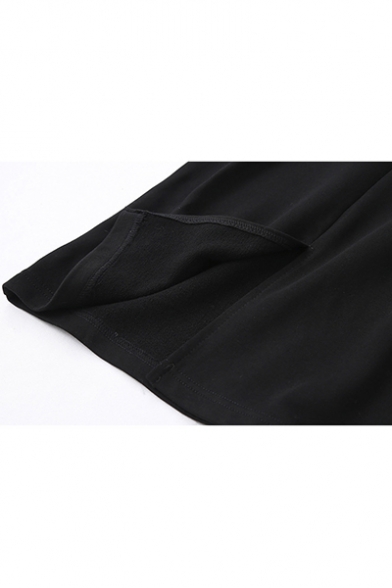 Black Elastic Waist Letter Printed Slit Back Midi Straight Skirt for Women