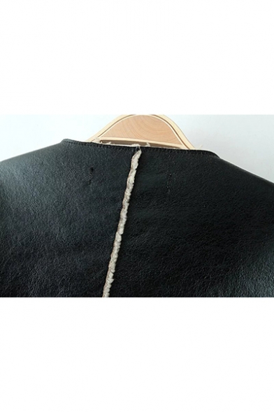 Black Round Neck Open Front Shearling Overlay PU Leather Short Jacket