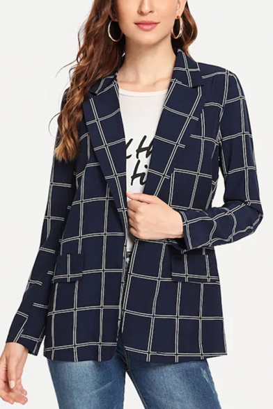 British Style Dark Blue Check Pattern Notched Lapel Collar Long Sleeve Blazer Coat