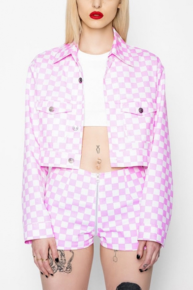 Check Lapel Collar Long Sleeve Button Front Pink Cropped Jacket with Flap Pocket