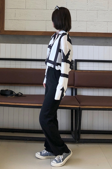Chic Black Geometric Printed Notched Lapel Collar Chiffon Long Sleeve White Shirt Coat